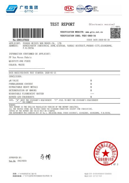 Китай FOSHAN RUIXIN NON WOVEN CO.,LTD Сертификаты